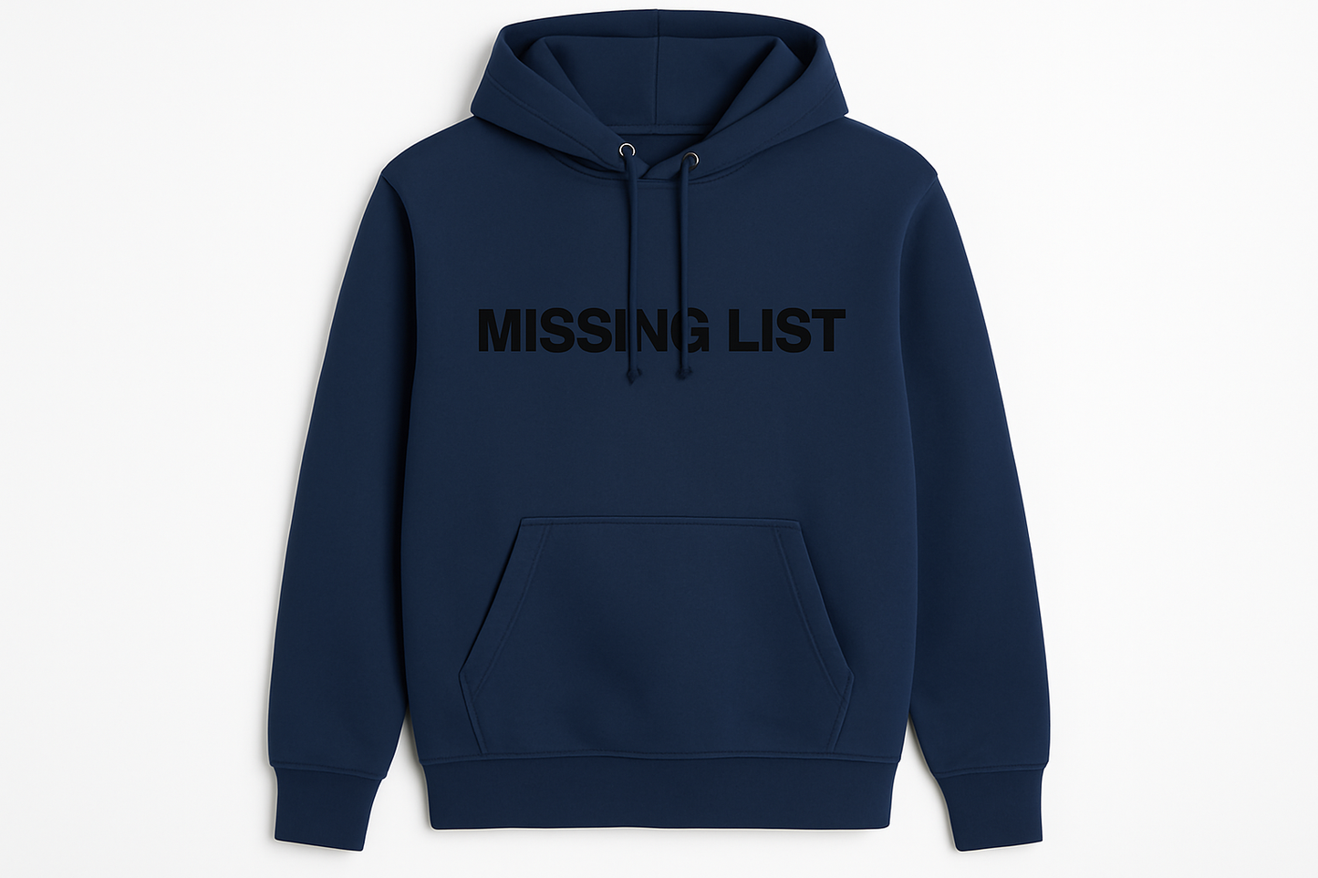 Navy Missing List Hoodie with Black Text