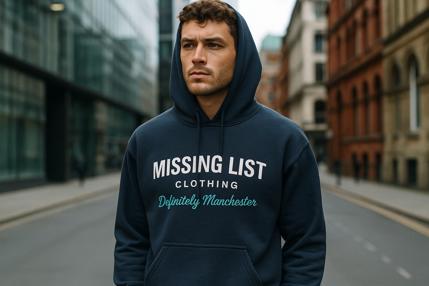 Male model in navy hoodie in Manchester city center with mixed architecture