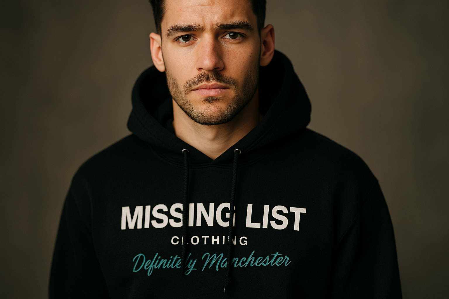 Photorealistic male model wearing hoodie with straight Helvetica Bold Missing List text