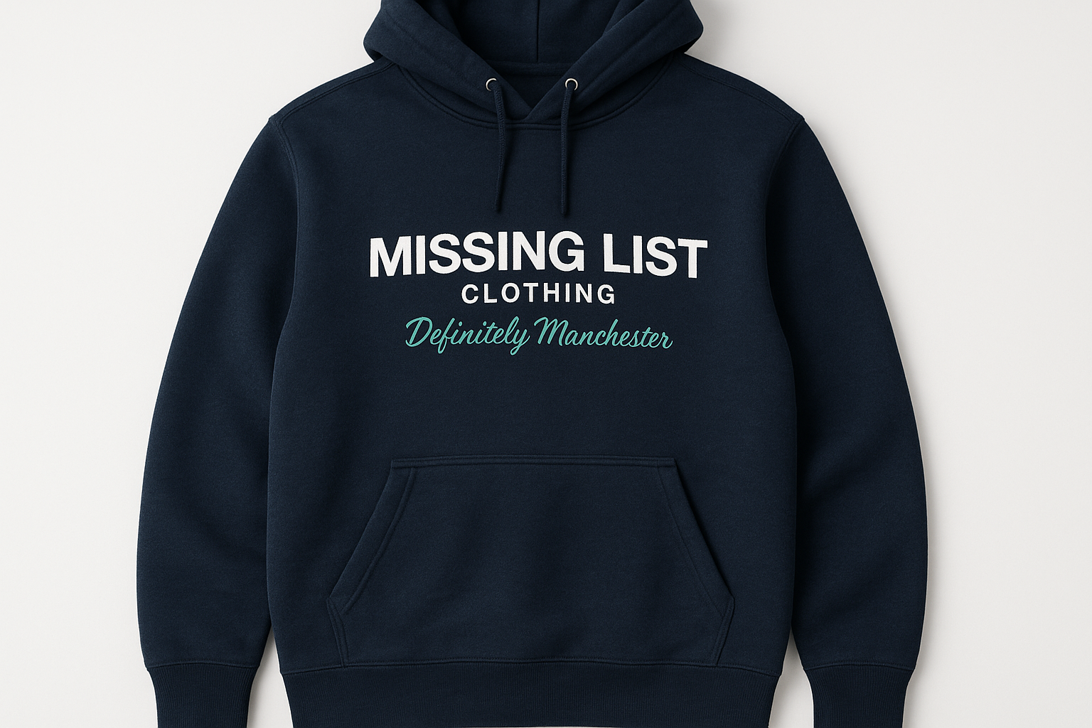 Ultra-realistic navy hoodie with straight Helvetica Bold Missing List text