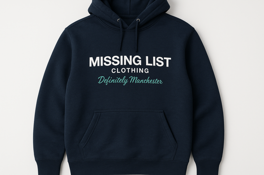 Ultra-realistic navy hoodie with straight Helvetica Bold Missing List text